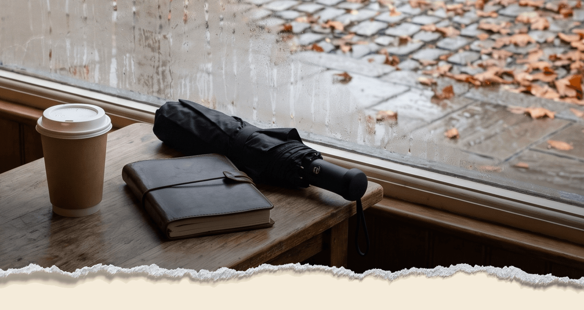 Leather journal, coffee, and umbrella by a rainy window with autumn leaves outside